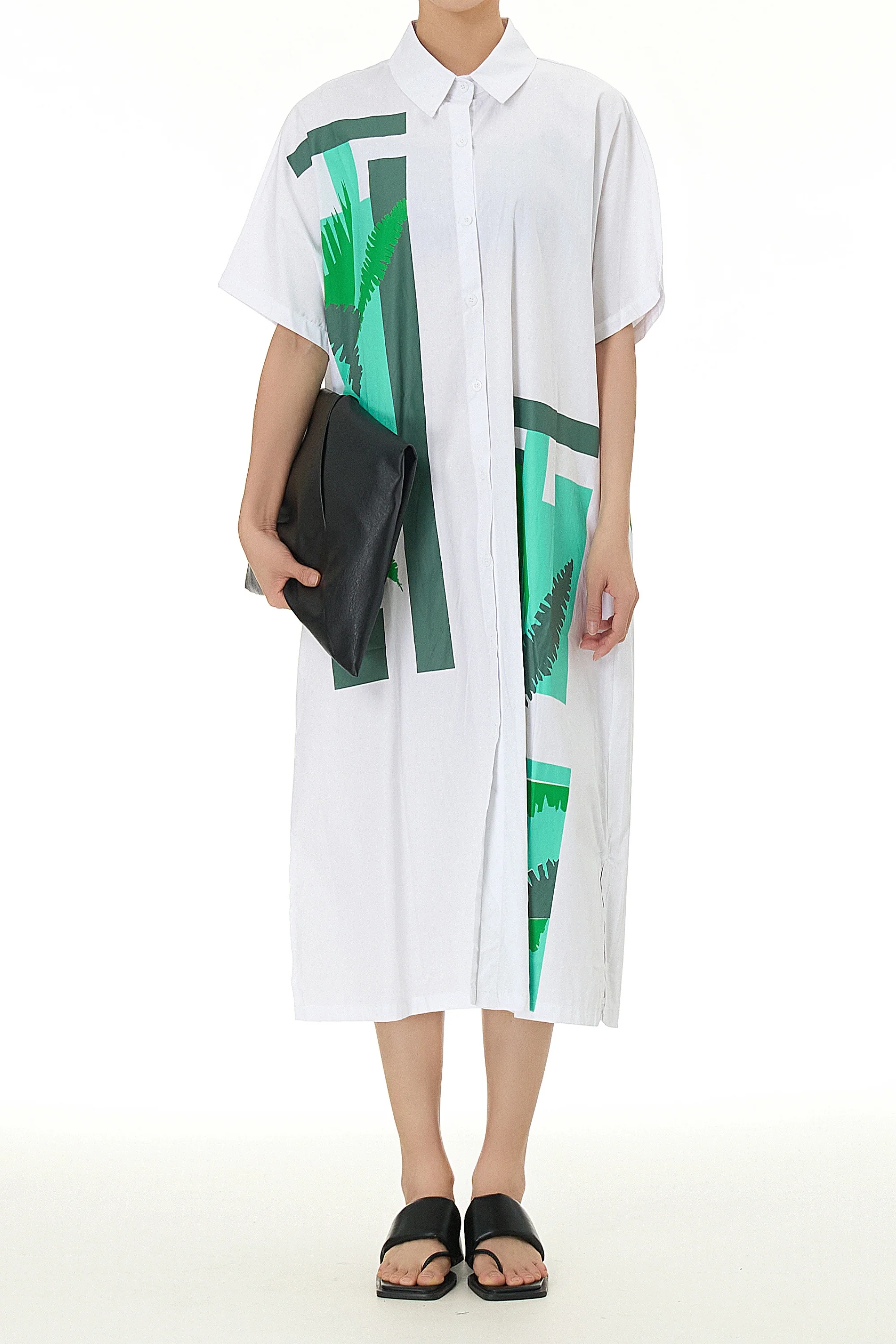 White Shirt Dress With Leaf Print