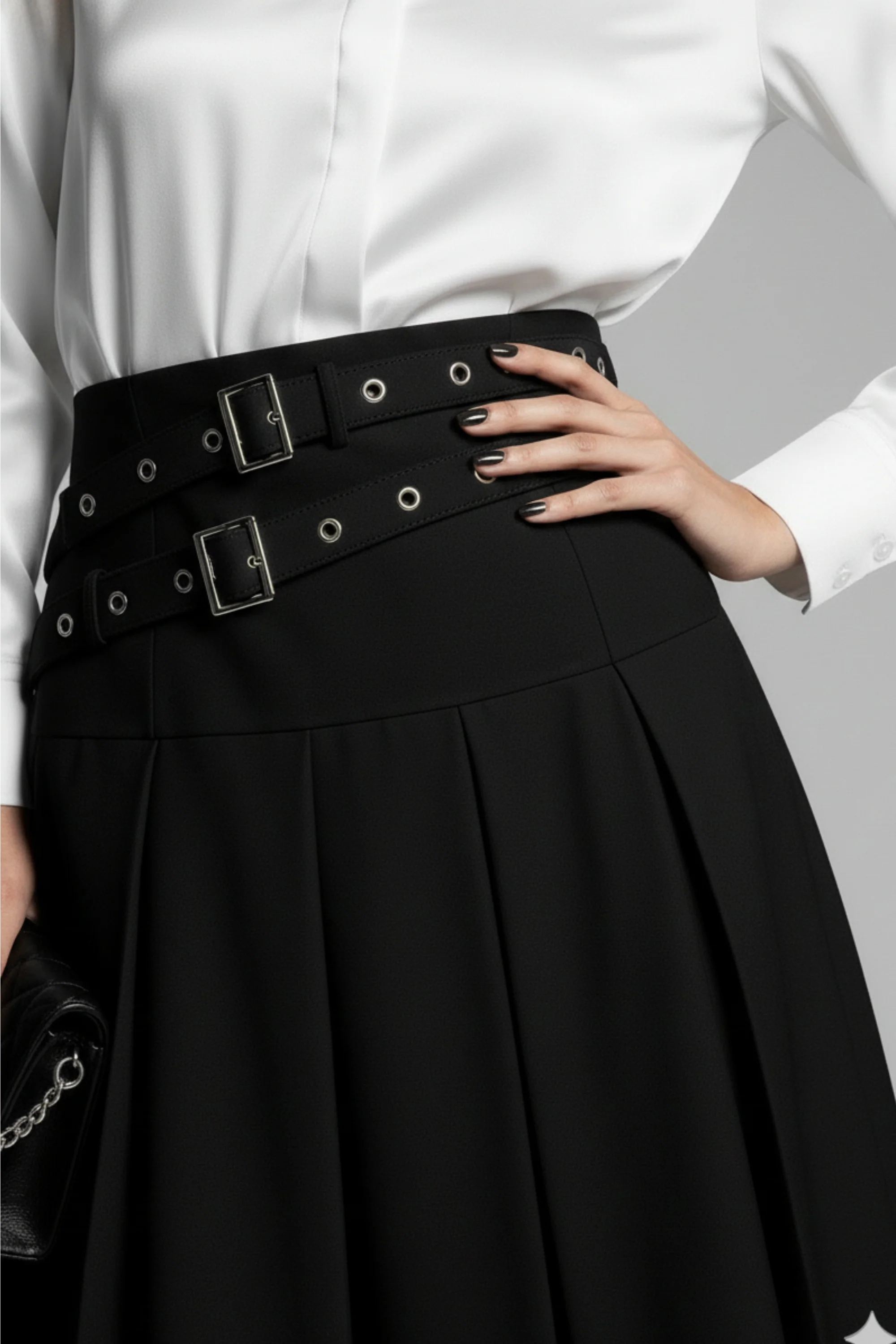 Black Dual Belt Pleat Skirt