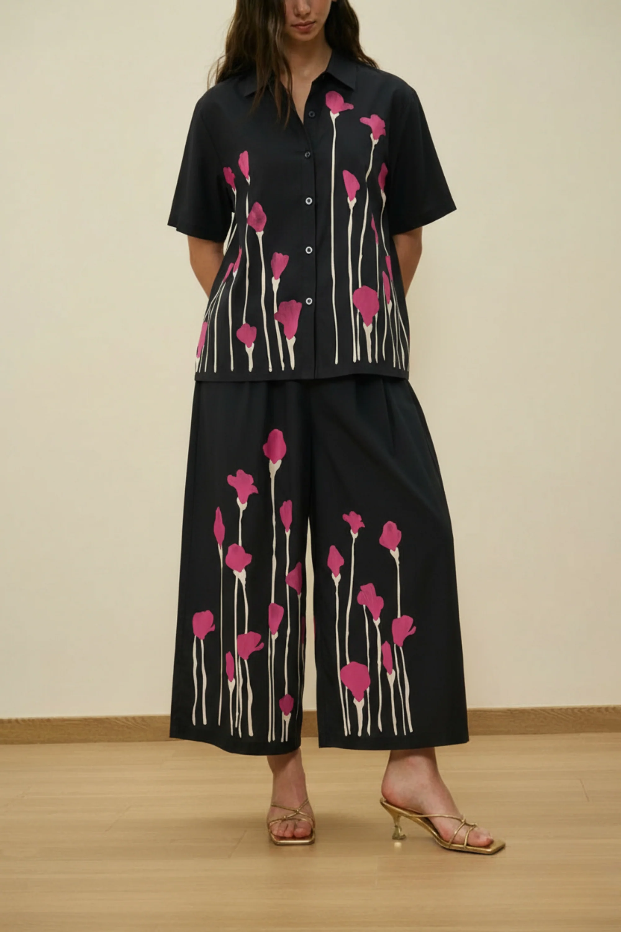Shirt Coord Set With Pink Flower Print